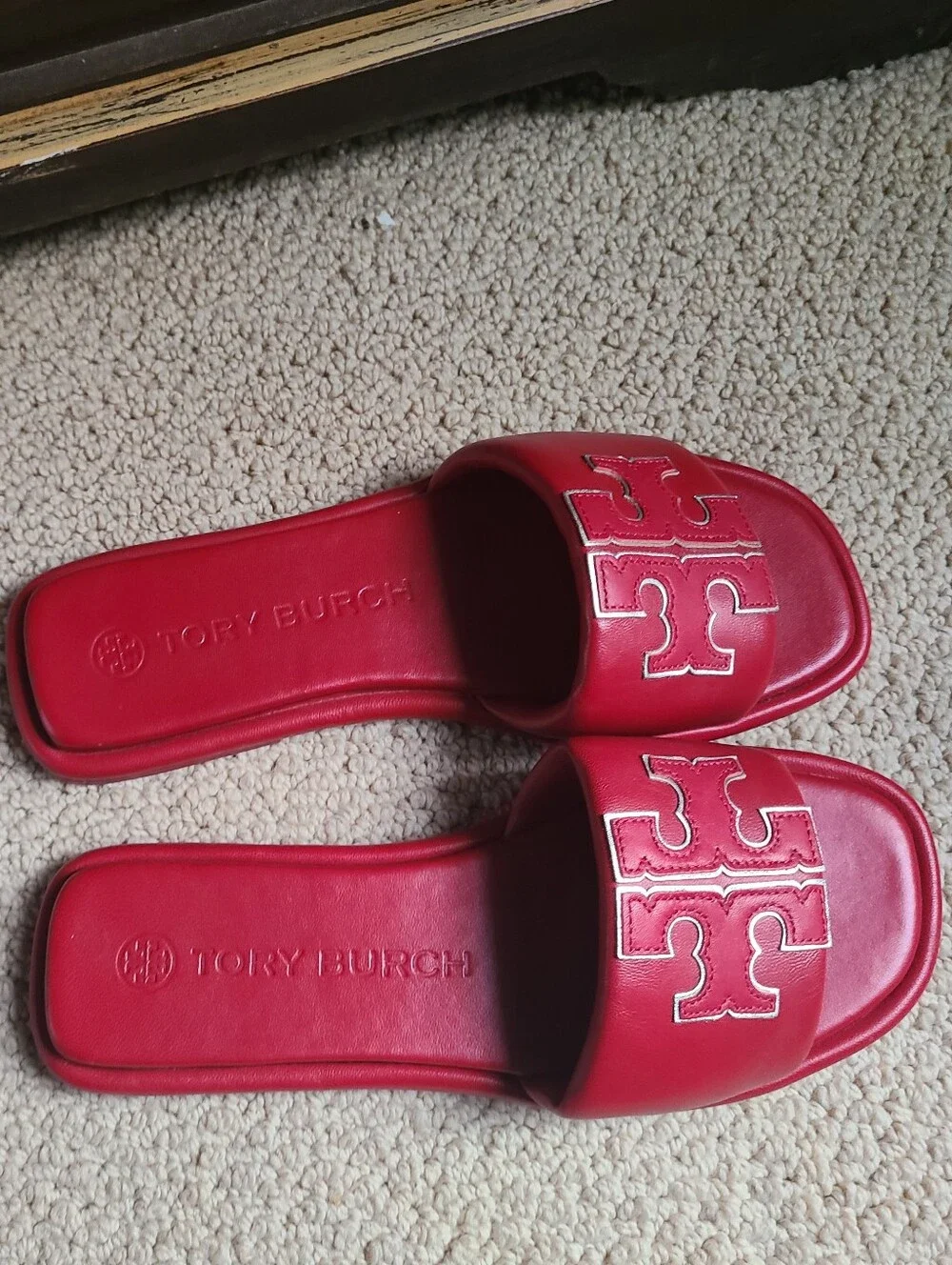 Tory Burch Red Slide Sandals with Gold Logo